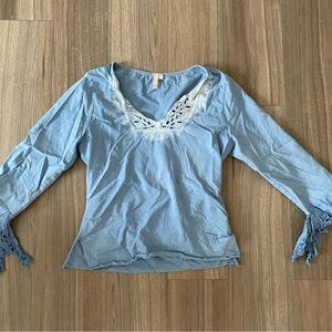 Renee C. Sky Blue Blouse with Lace Accents
